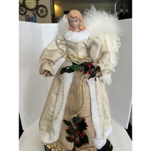Angel Tree Topper Christmas Gold Burlap Gown White Faux Fur Wings Collectible